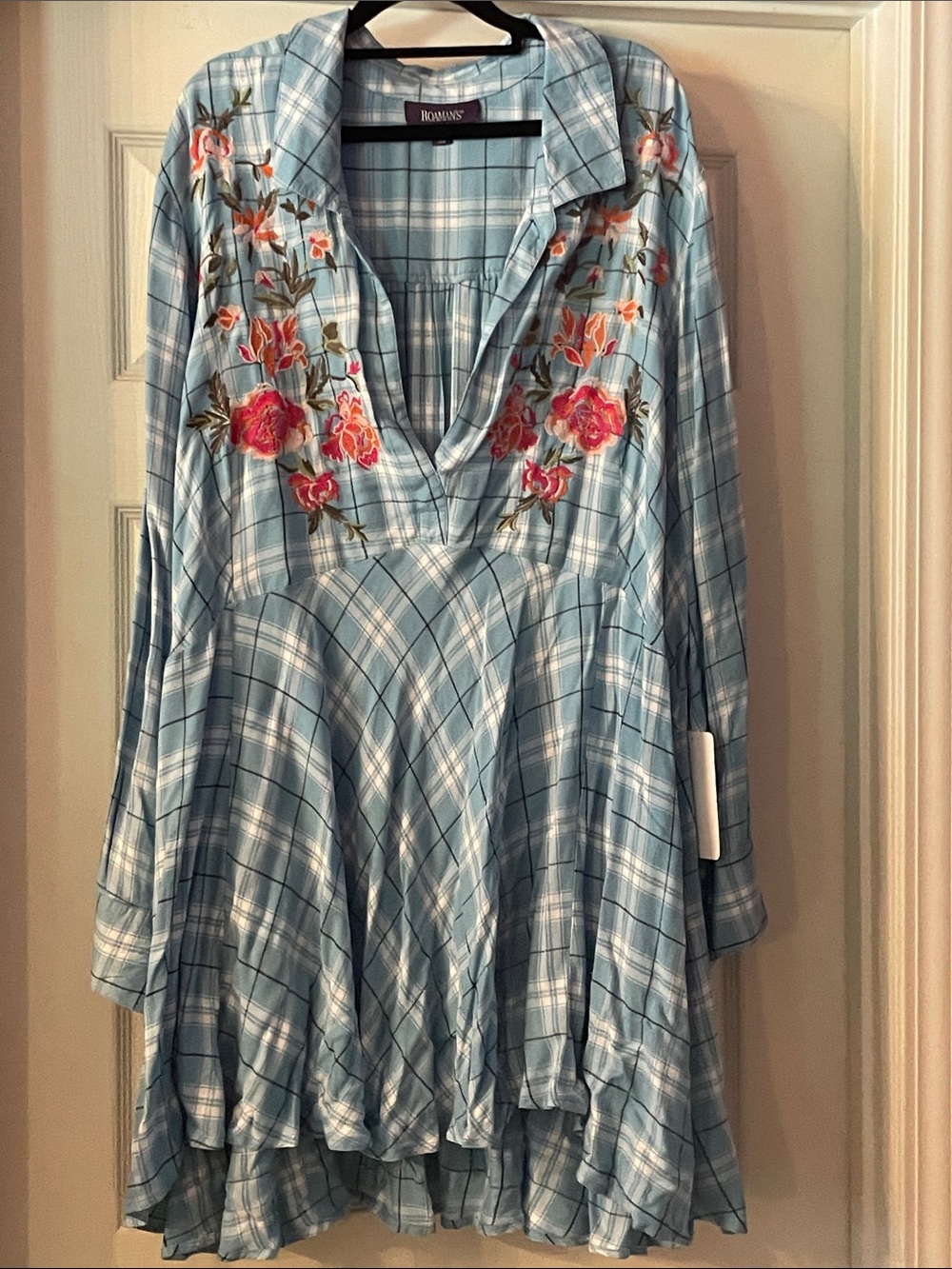 Roaman's Light Blue Plaid Shirt with Embroidered Detail